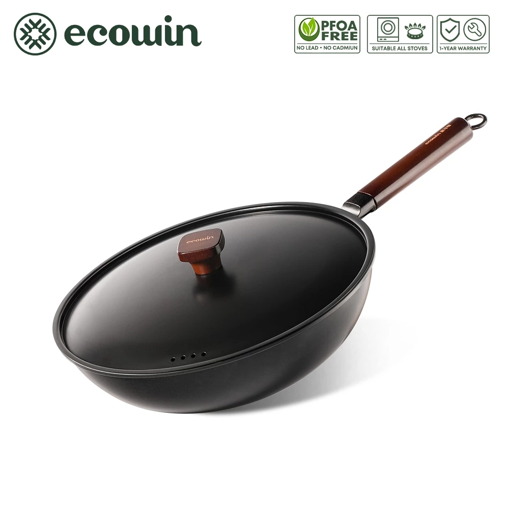 ecowin 30cm 32cm Japan Iron Wok with Lid Uncoated Thicken Non Stick Wok for Induction Cooker (NO PFAS& PTFE& PFOA)