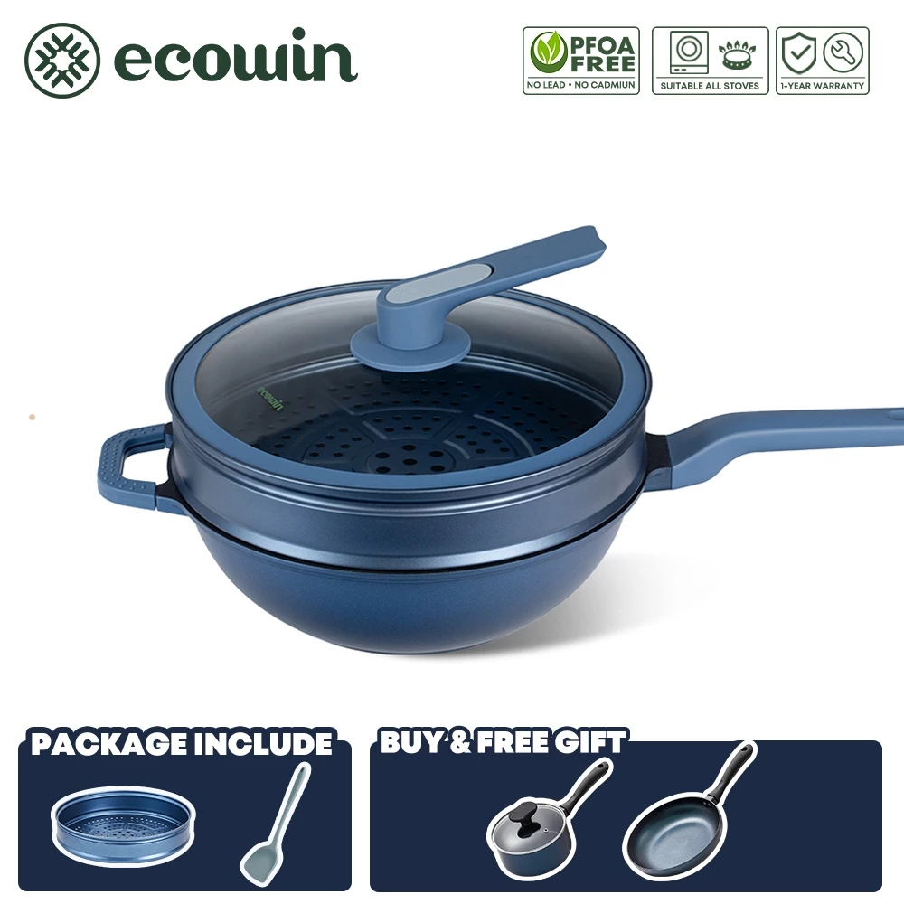 ecowin 28cm 32cm Micro Pressure Wok Non Stick with Steamer/Spatula/2pcs Pan Set for Induction Cooker (NO PFAS & PTFE & PFOA)