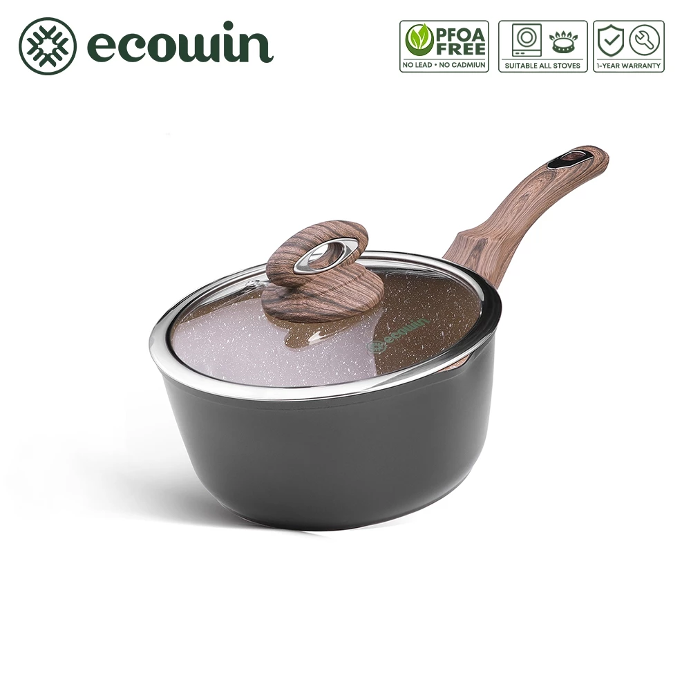 ecowin 16/18/20cm Non Stick Milk Pot with Glass Lid Granite Saucepan Pot for Induction Cooker (NO PFAS & PTFE & PFOA) CoCo Series