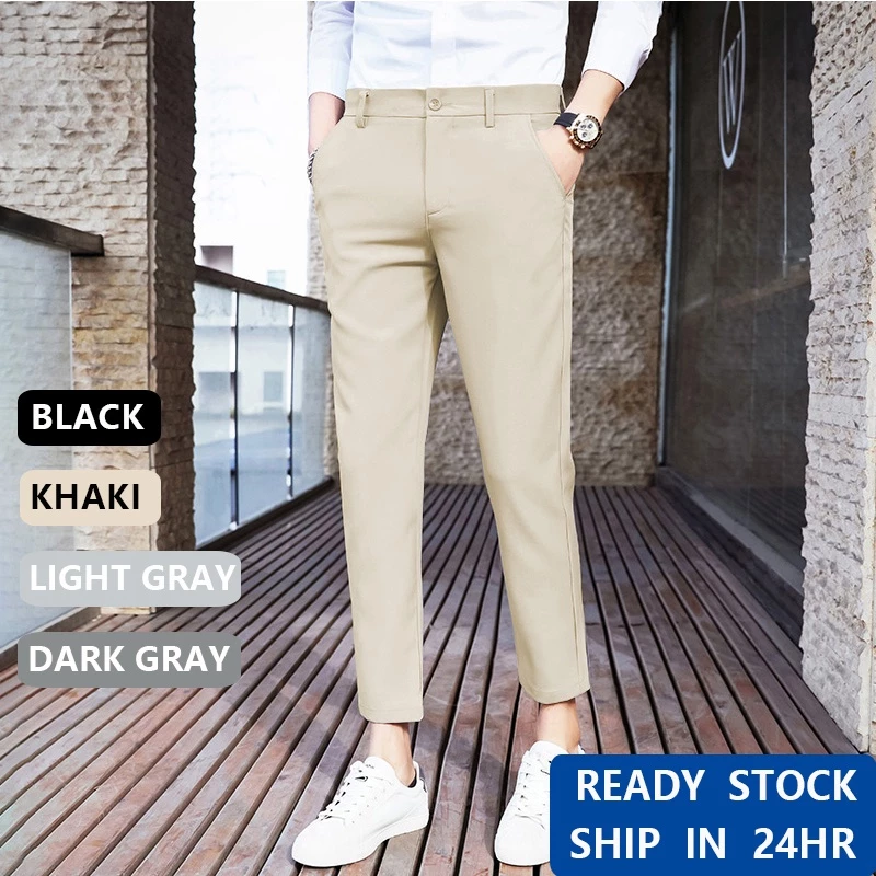 sg Local Ankle Pants Men Korean Regular Fit Smooth and Breathable Office Black Khaki Long Pants Men