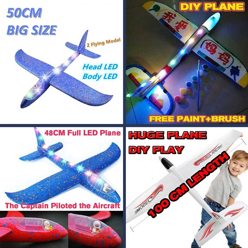 (Random Color) 50cm LED DIY Kids Toys Hand Throw Flying Glider Plane Foam Aeroplane Model Party Bag Fillers Flying Glider Plane Toys Kids Game