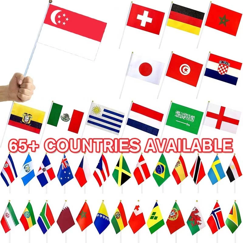 65 Countries Hand Held Flags with Poles World Cup Small Hand National Team Flags with 14*21 CM