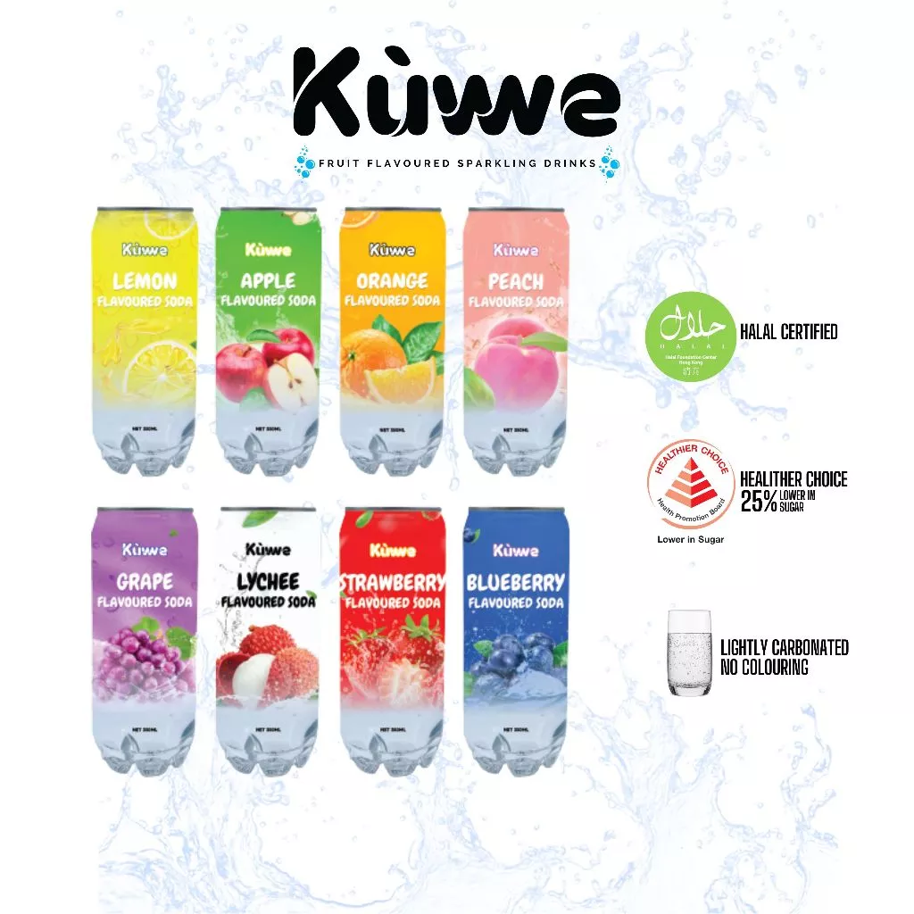 (Healthier Choice) Kuwwe Low Sugar Fruit Flavoured Sparkling Soda Drink (24Cans x 350ML)
