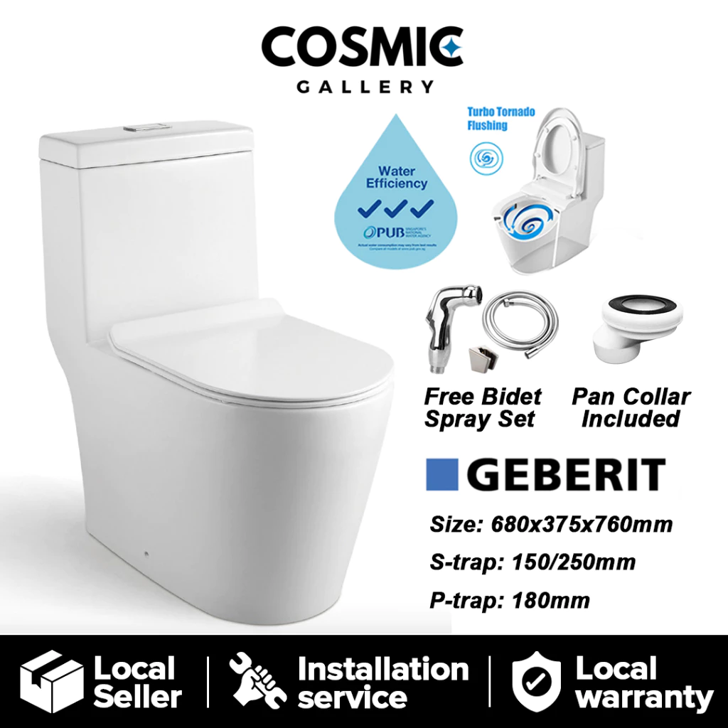 Geberit Tornado Flush 1-Piece Toilet Bowl WC-3006 Water Closet FREE BIDET SPRAY 