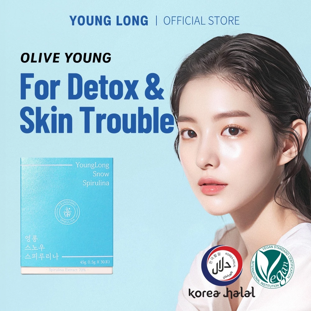 YOUNGLONG] Organic Snow Spirulina, Korean Detox Supplement for Skin, Aging, Uric Acid & Immunity | Halal Certified, Vegan friendly, Stress Relief | Indoor Cultivated | 30 Sachets of Pure Blue Spirulina Powder